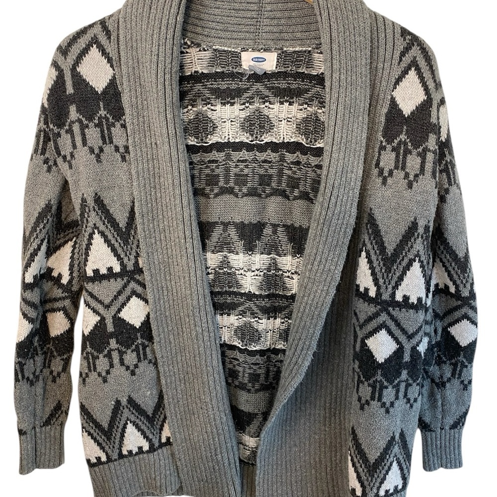 Old Navy Aztec Sweater Cardigan Knit Small Petit Gray White Open Front Grandma